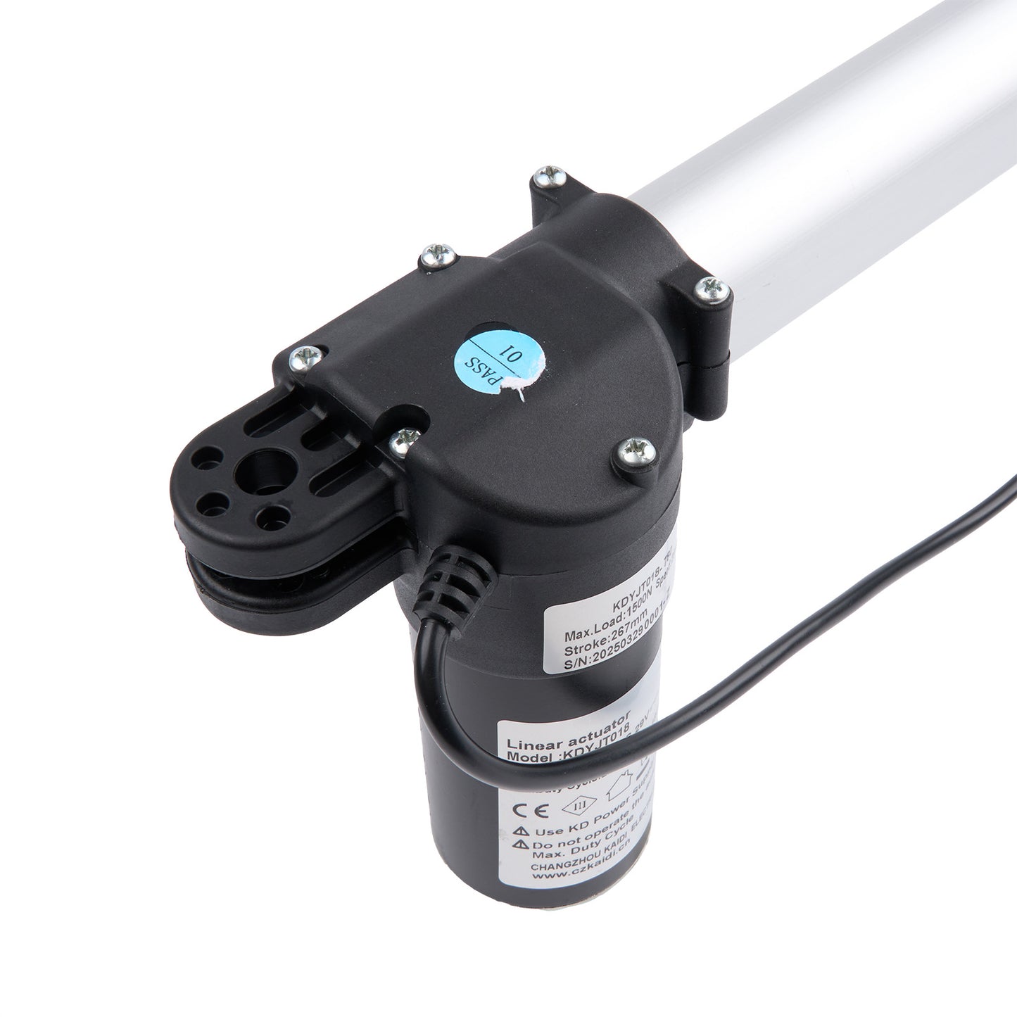Linear actuator with wiring on a white background