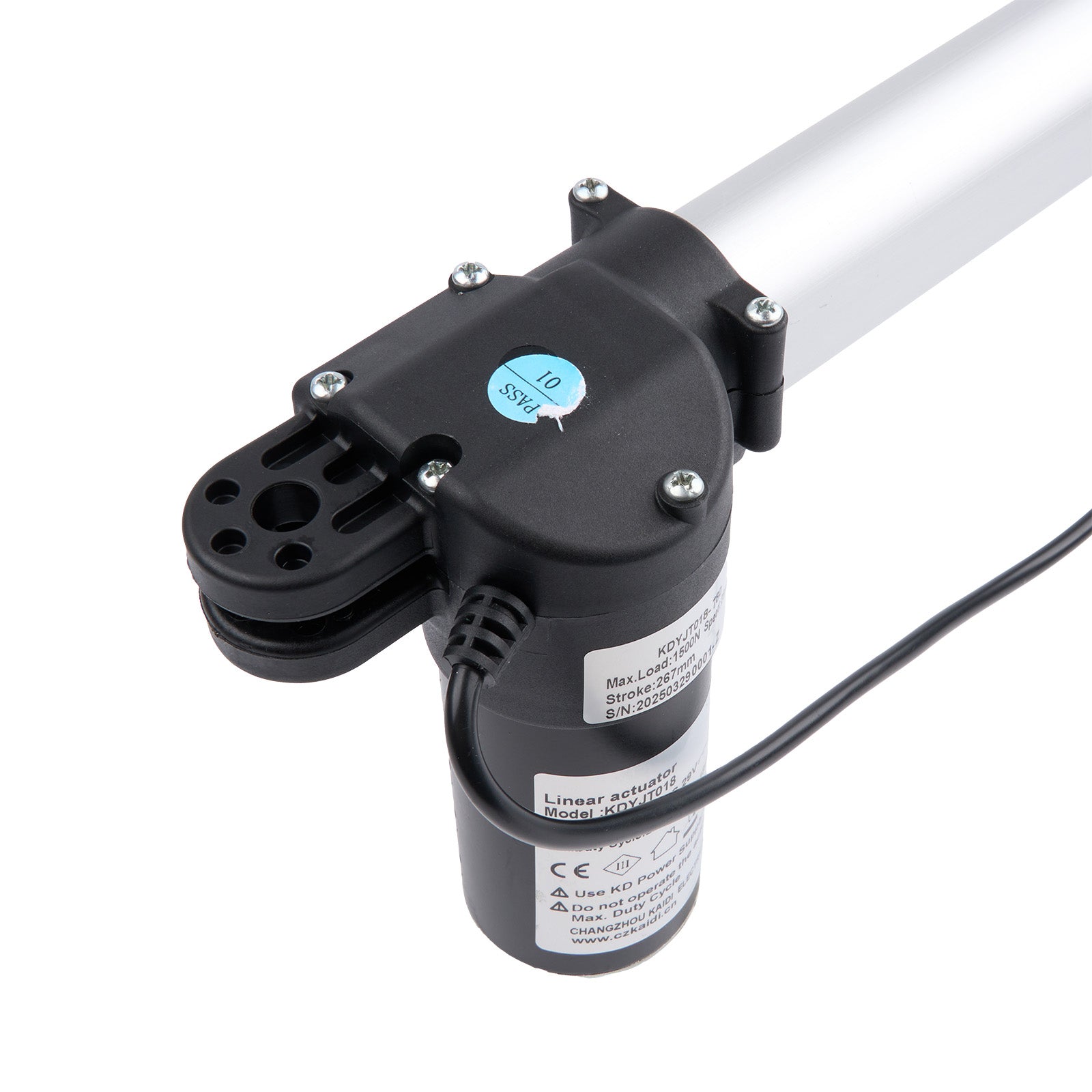 Linear actuator with wiring on a white background