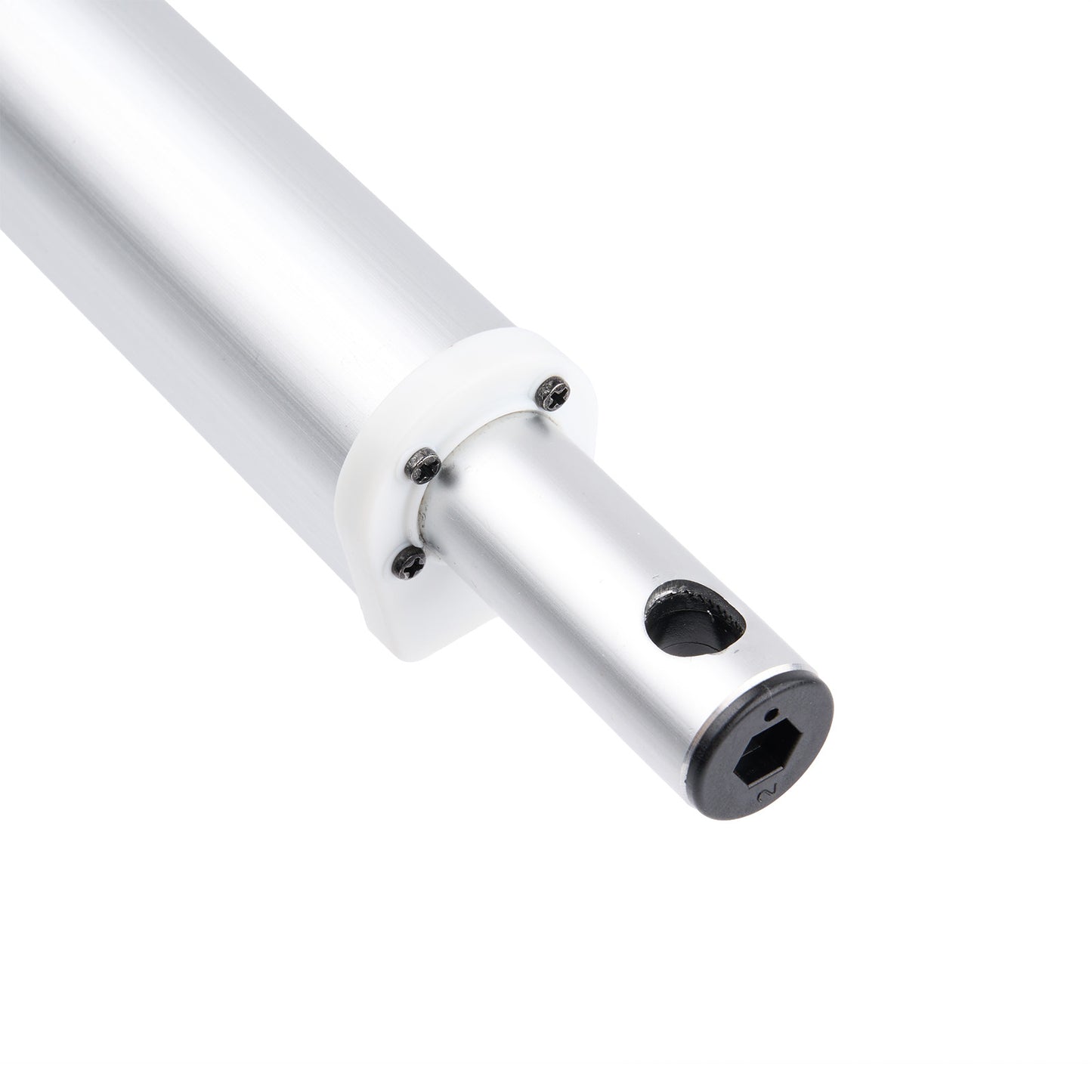 Metallic cylindrical component with threaded end on white background