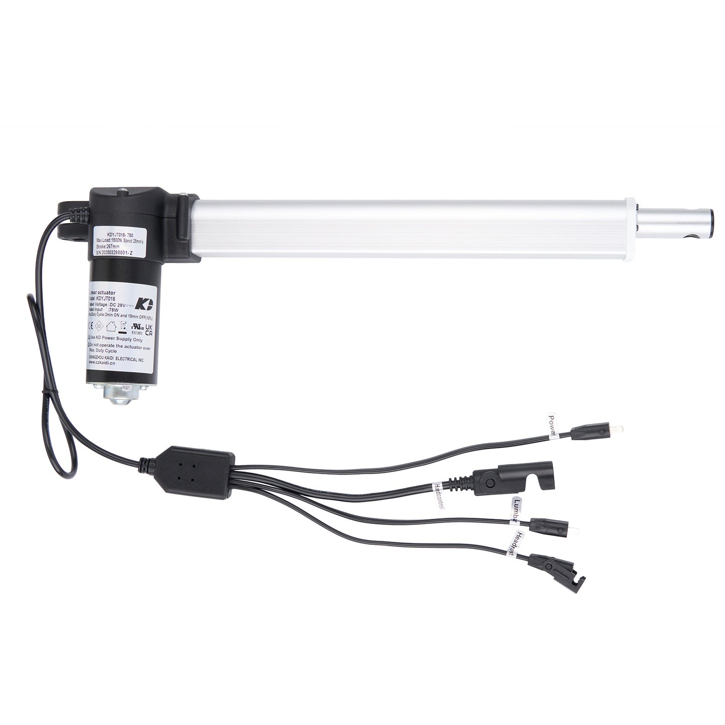 A black and white image showing a linear actuator, with a rectangular box, a tube, and multiple cables with plugs.