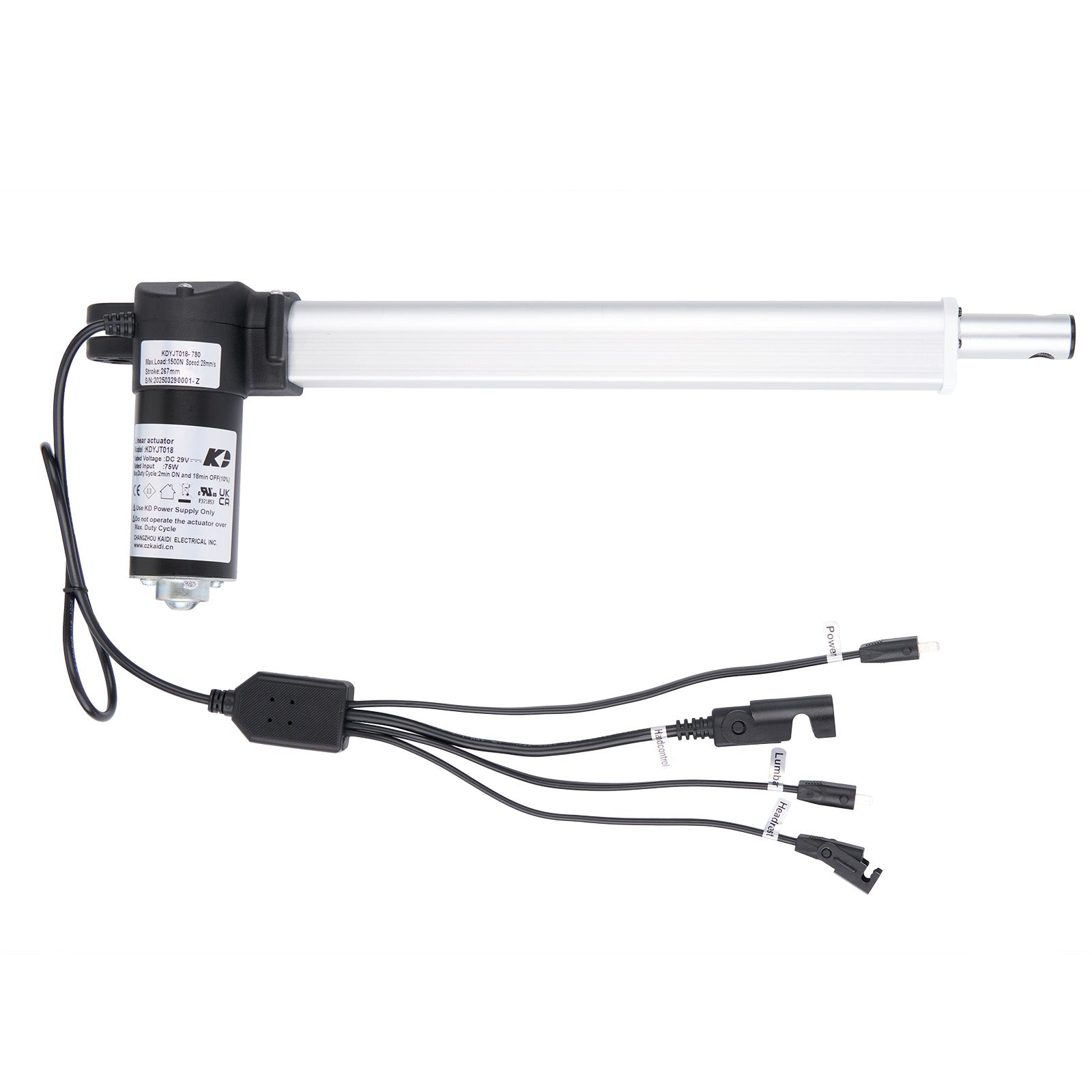 A black and white image showing a linear actuator, with a rectangular box, a tube, and multiple cables with plugs.