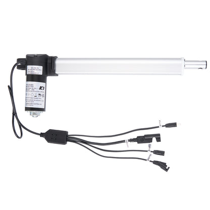 A black and white image showing a linear actuator, with a rectangular box, a tube, and multiple cables with plugs.