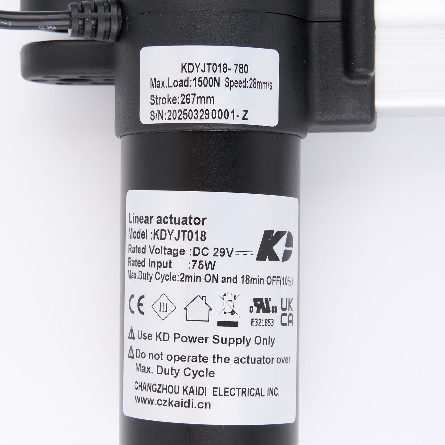 Linear actuator with labels and specifications on a white background