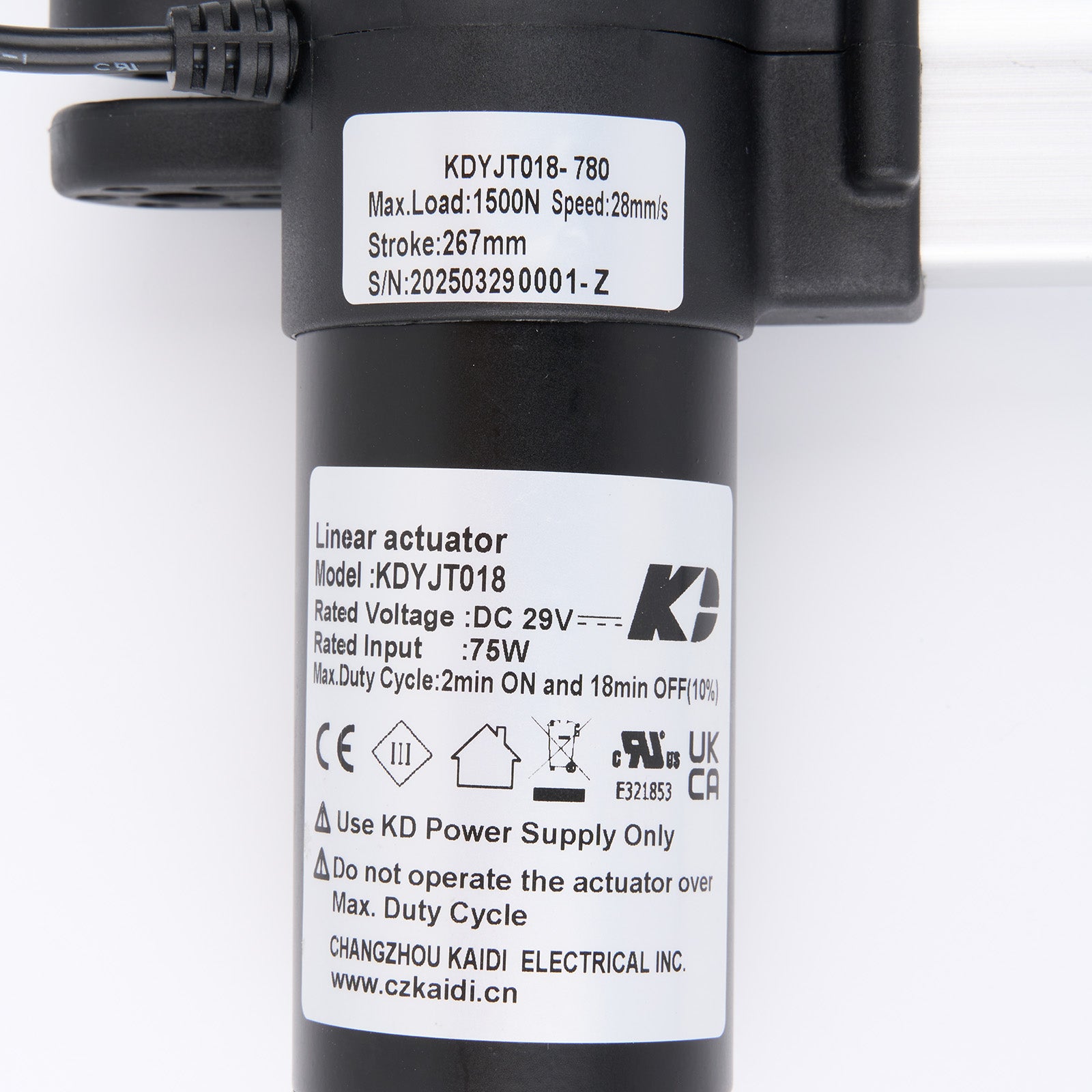 Linear actuator with labels and specifications on a white background