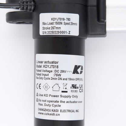 Linear actuator with labels and specifications on a white background