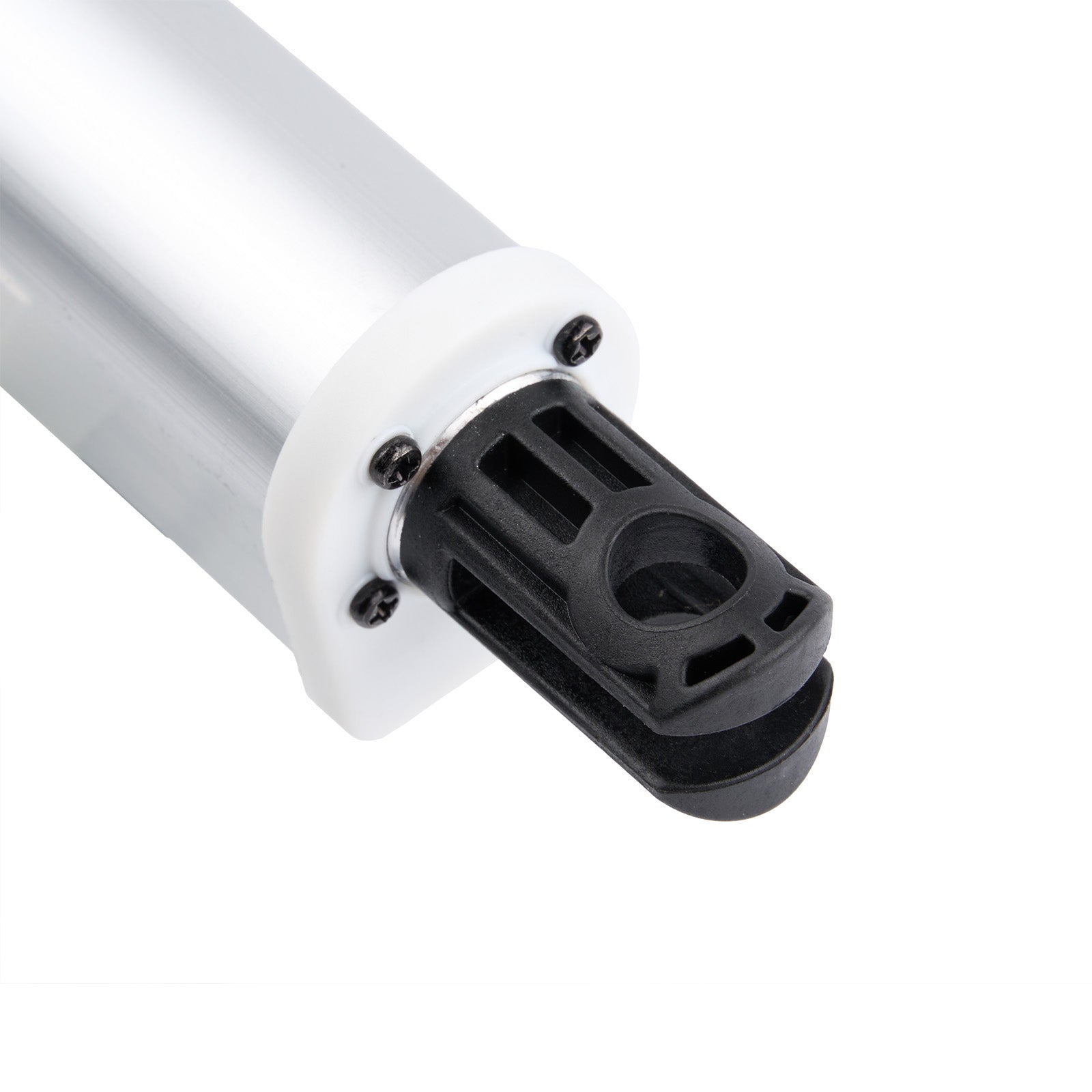 Close-up of a white cylindrical object with a black component on a white background