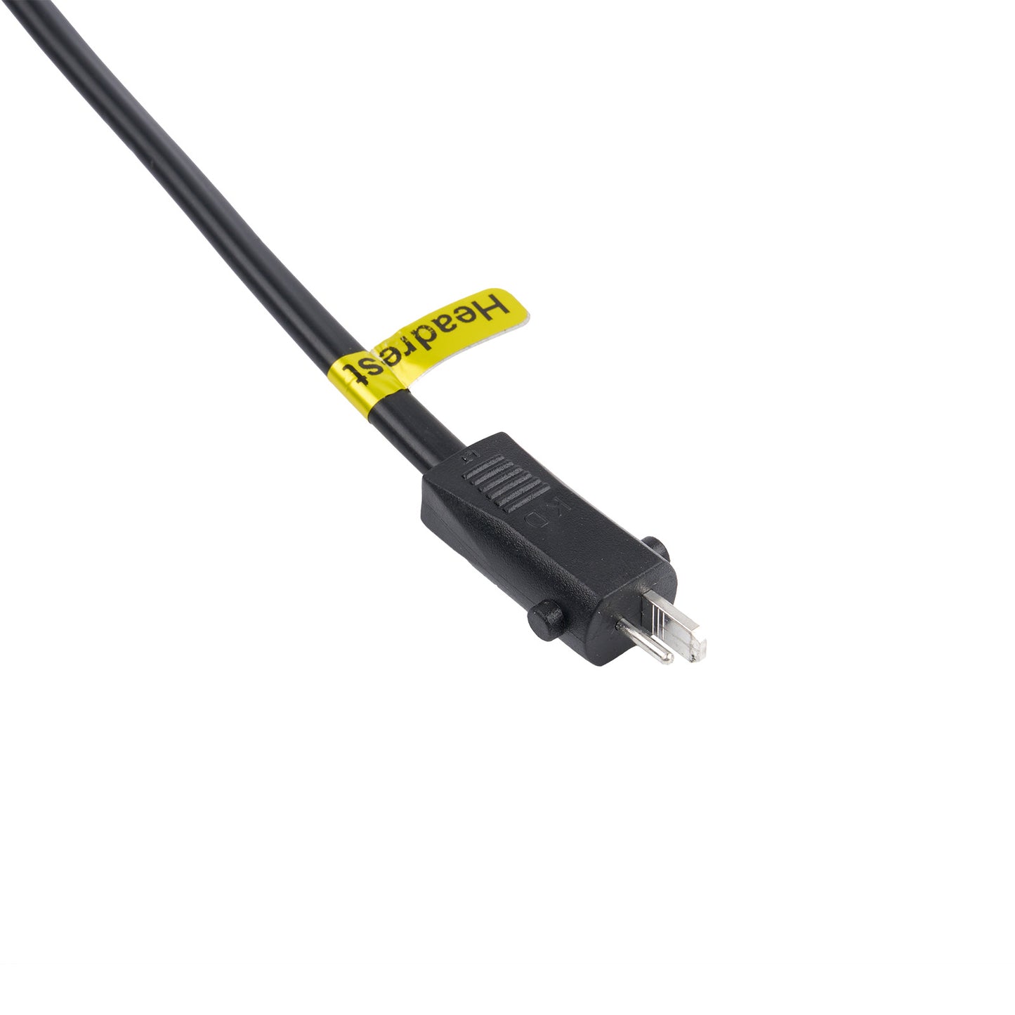 Black cable with a yellow label on a white background