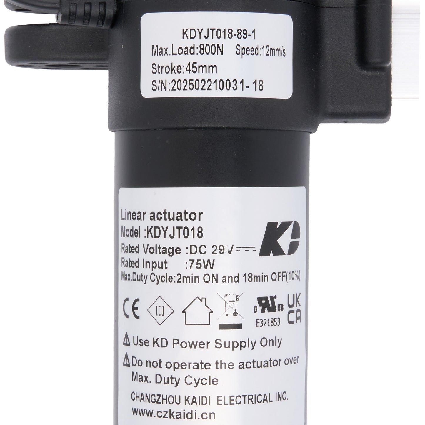 Linear actuator with specifications label on a white background