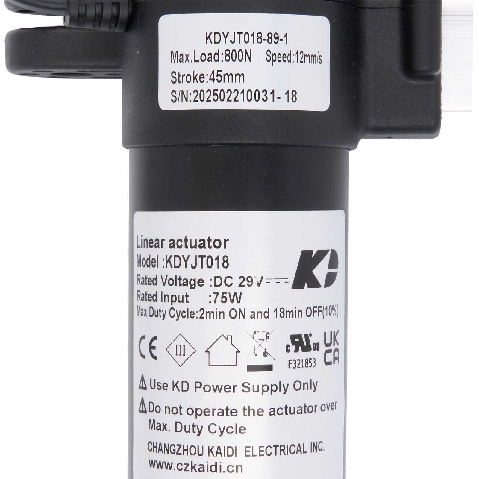 Linear actuator with specifications label on a white background