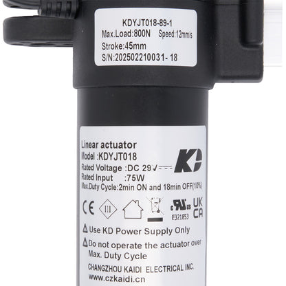 Linear actuator with specifications label on a white background