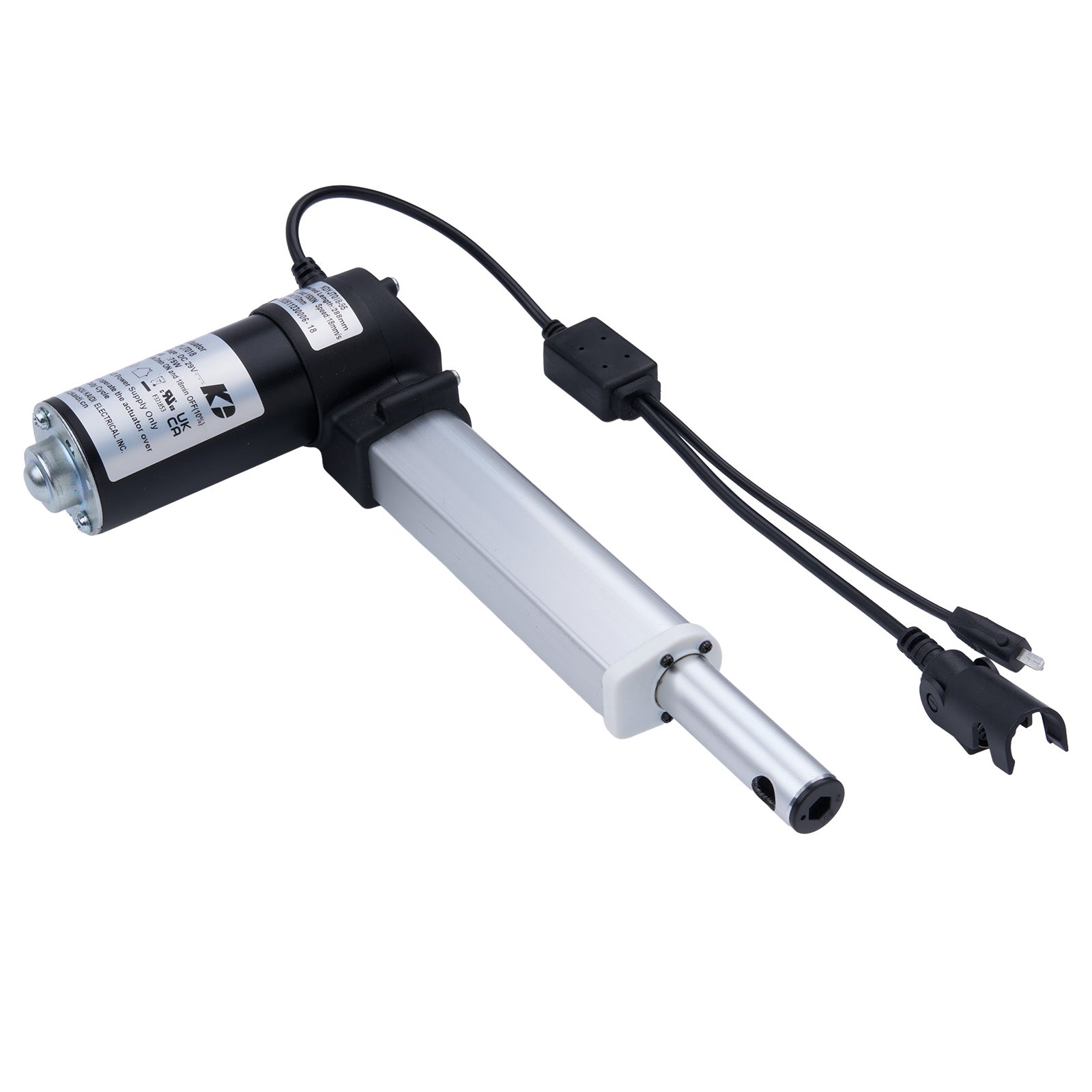 Linear actuator with power cord on a white background