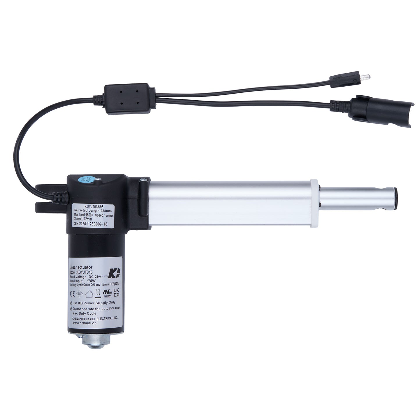 Electromagnetic linear actuator with cables on a white background