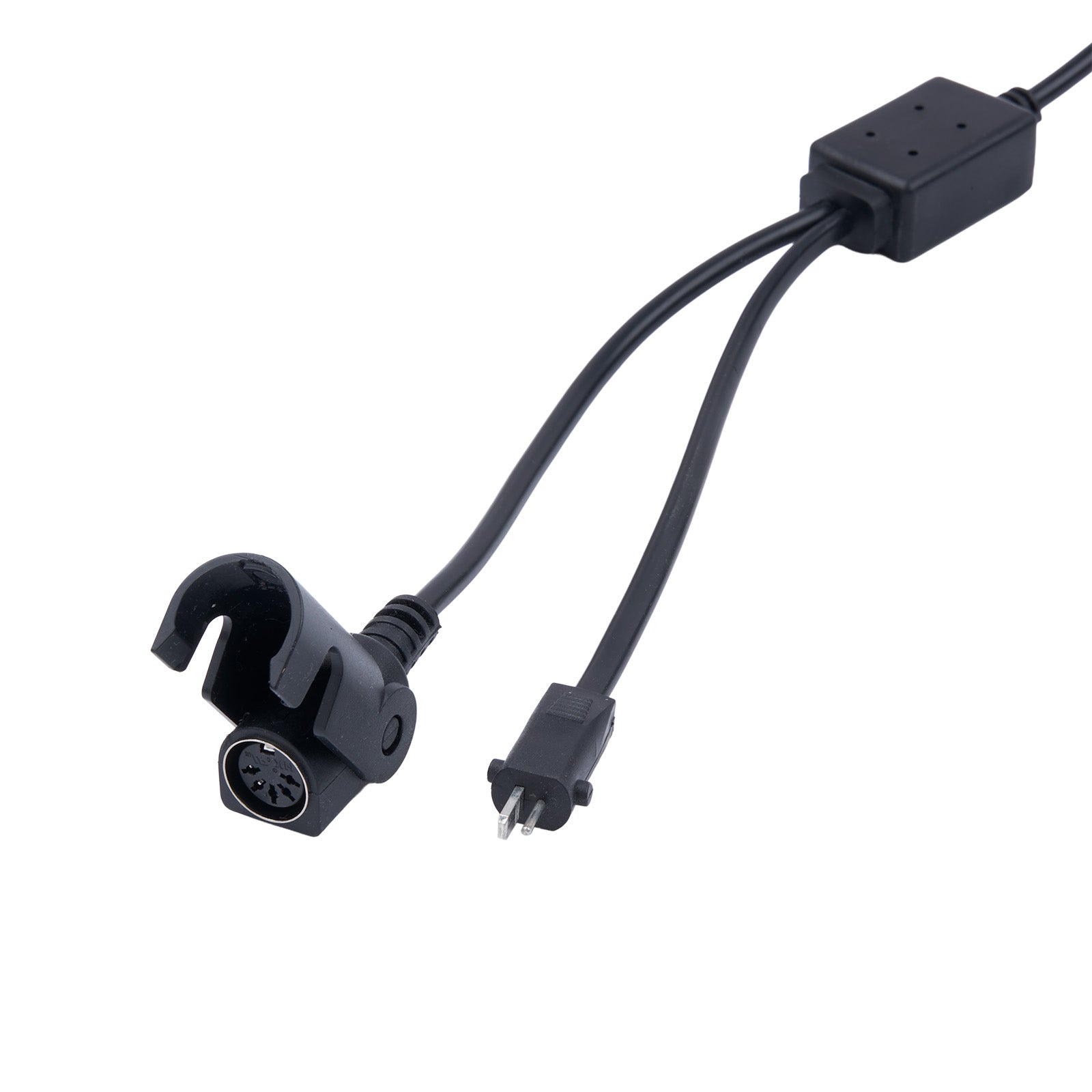 Black electrical cable with connectors on a white background