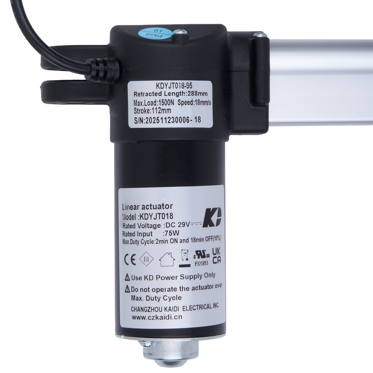 Linear actuator with specifications on a white background