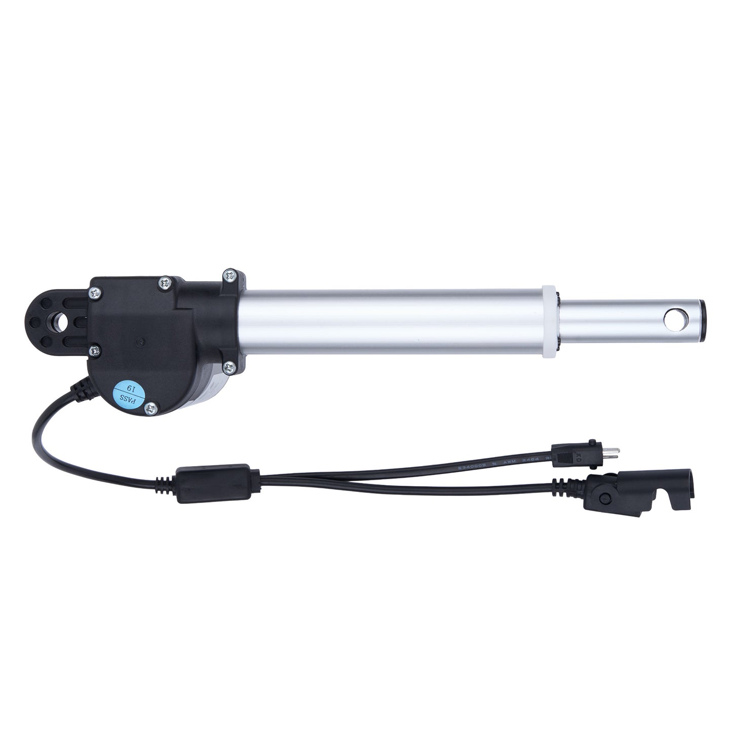 Linear actuator with power cord on a white background