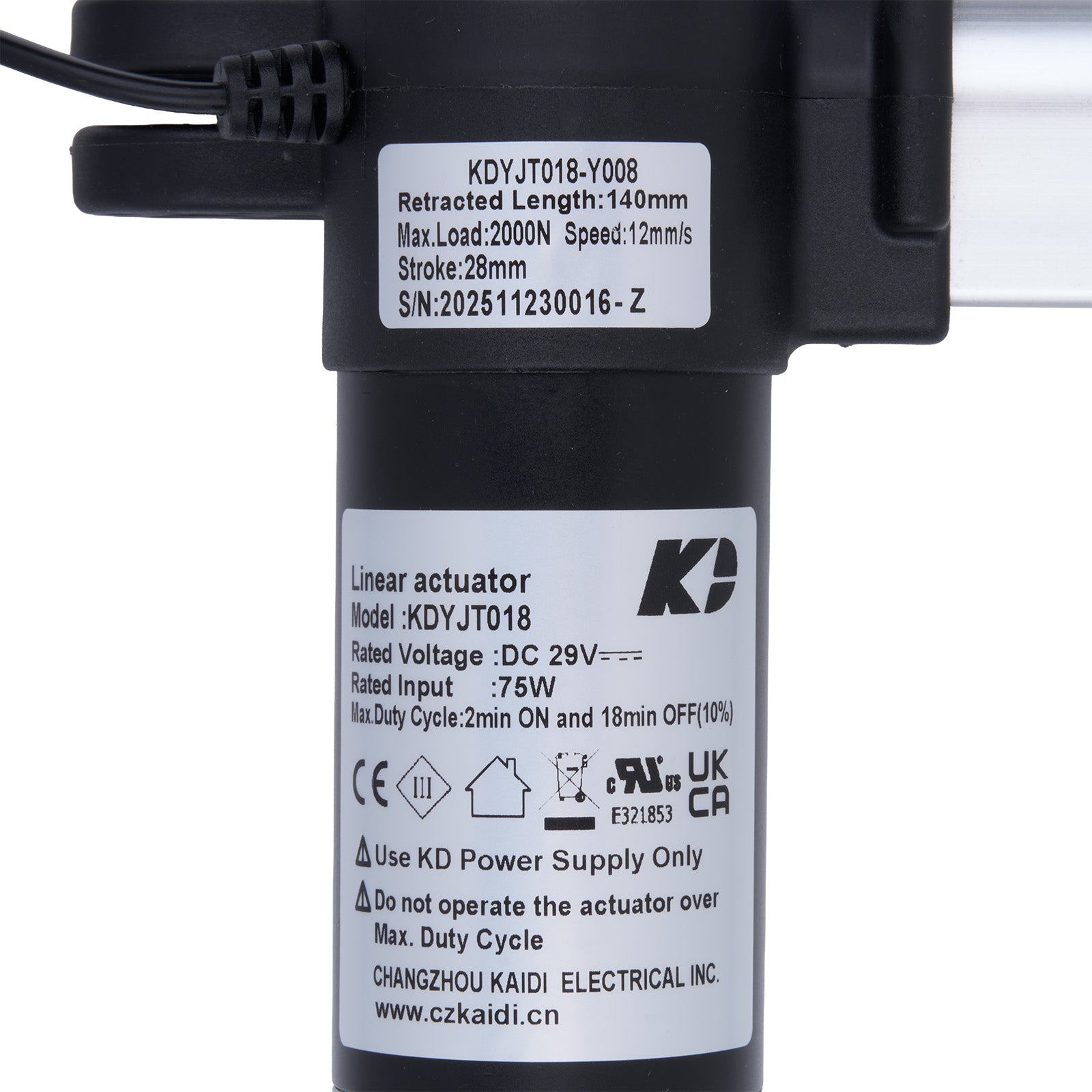 Linear actuator with specifications label on a white background