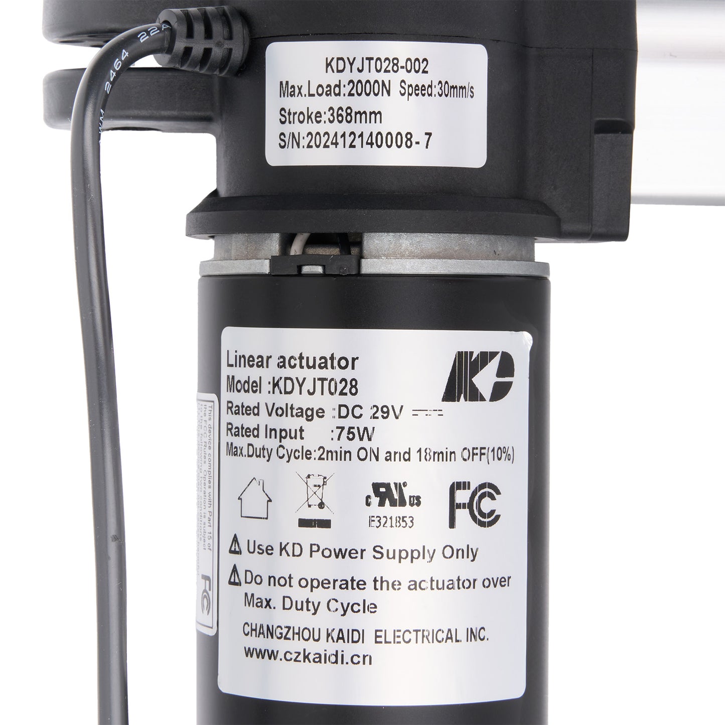 Linear actuator with labels and specifications on a white background