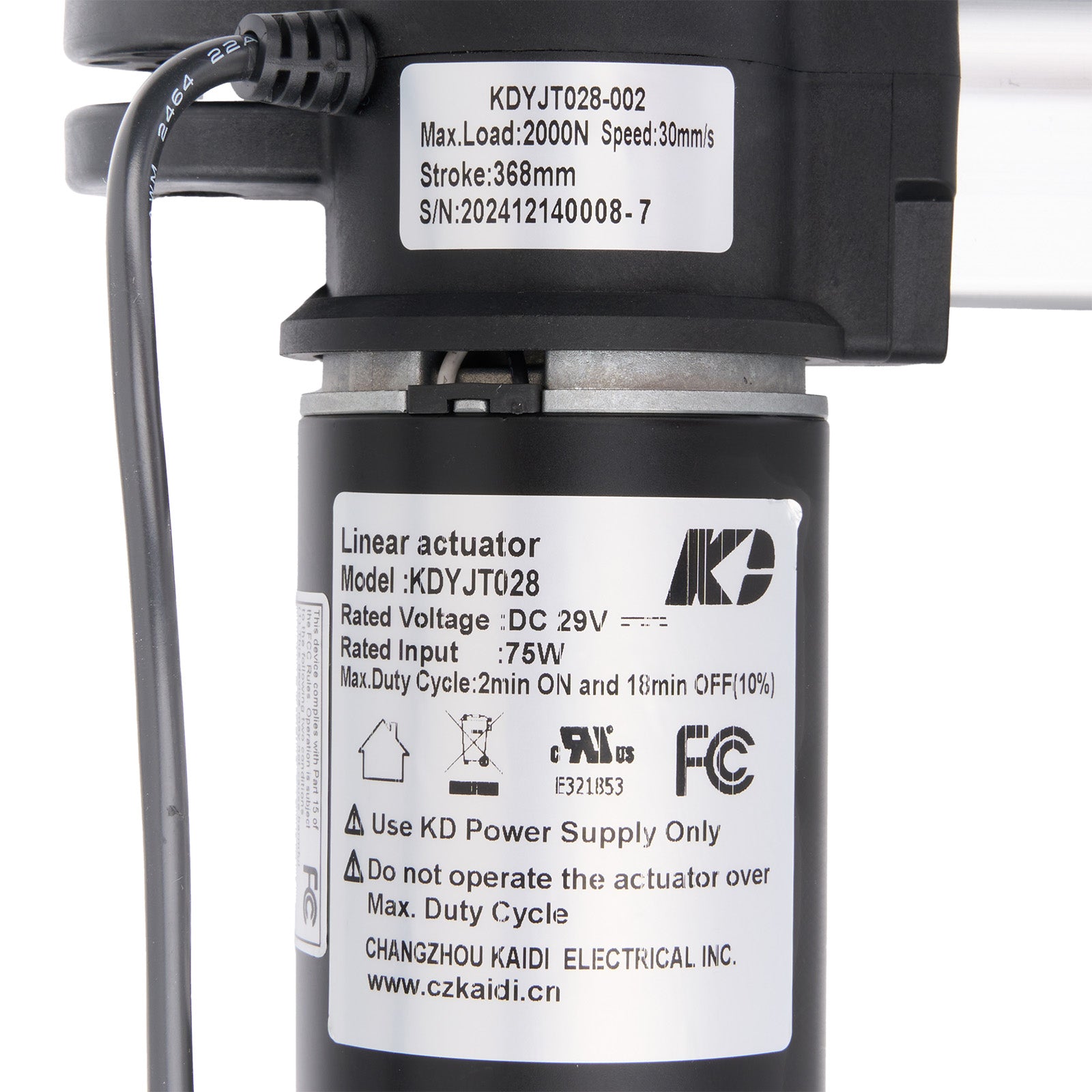 Linear actuator with labels and specifications on a white background
