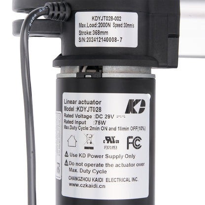 Linear actuator with labels and specifications on a white background