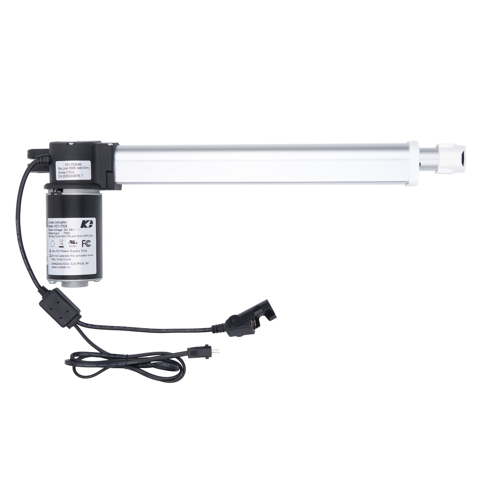 Linear actuator with power supply on a white background
