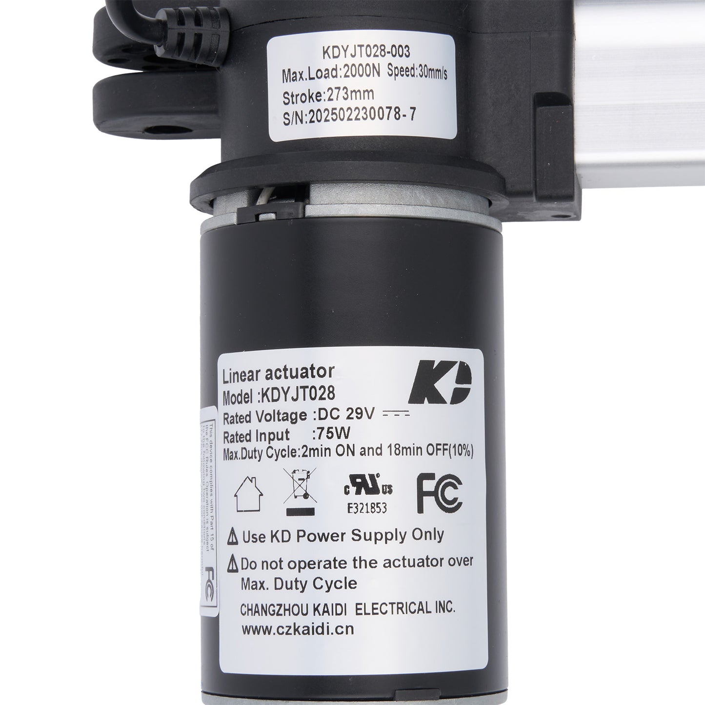 Linear actuator with specifications label on a white background