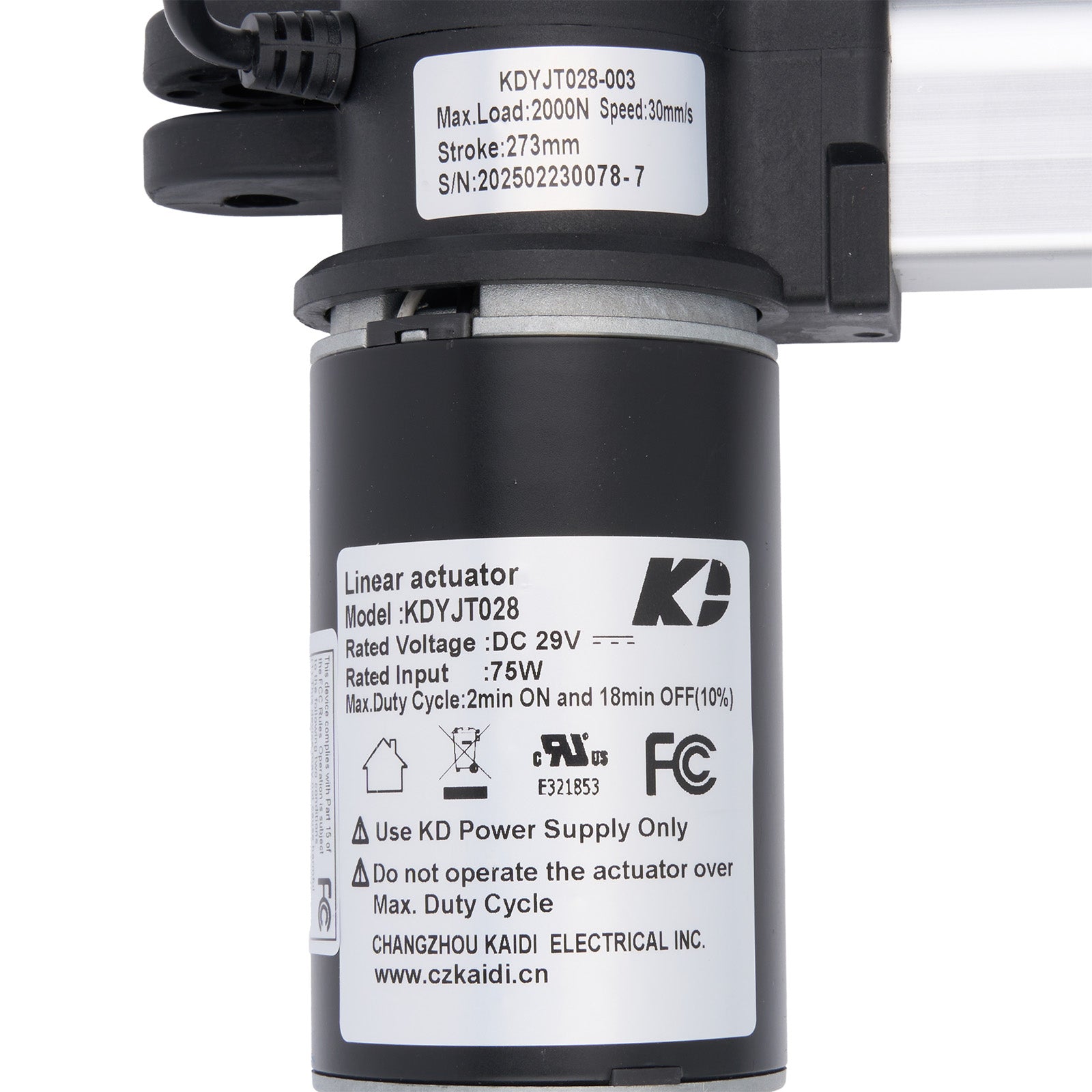 Linear actuator with specifications label on a white background