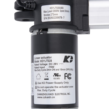 Linear actuator with specifications label on a white background