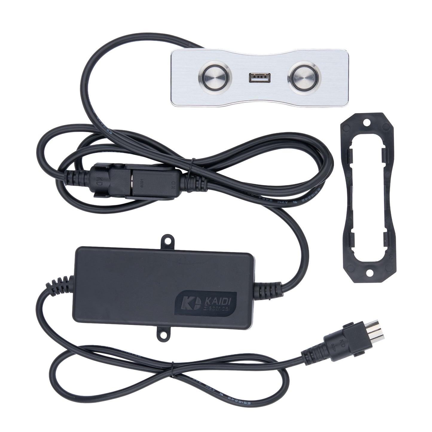 Electrical components including a power adapter, cable, and metal bracket on a white background