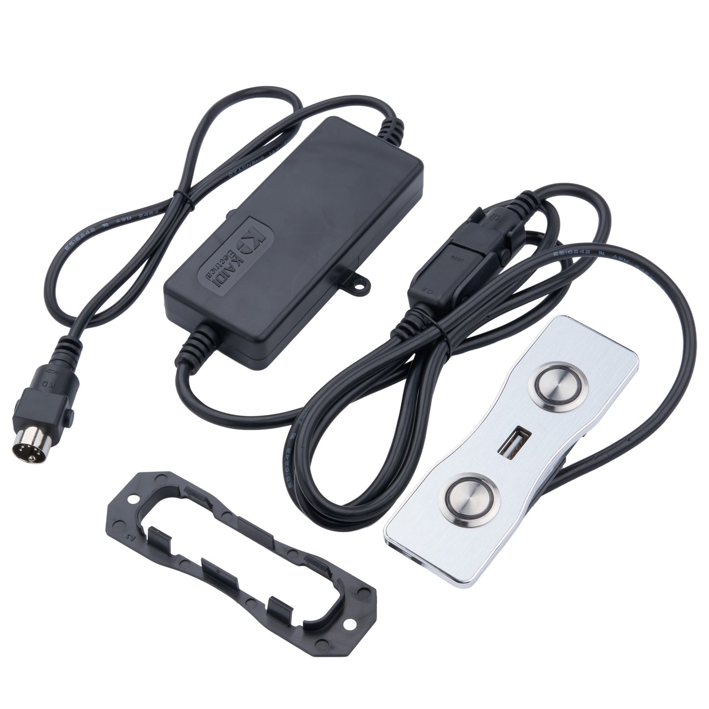 Electrical components including a power adapter, cable, and metal bracket on a white background