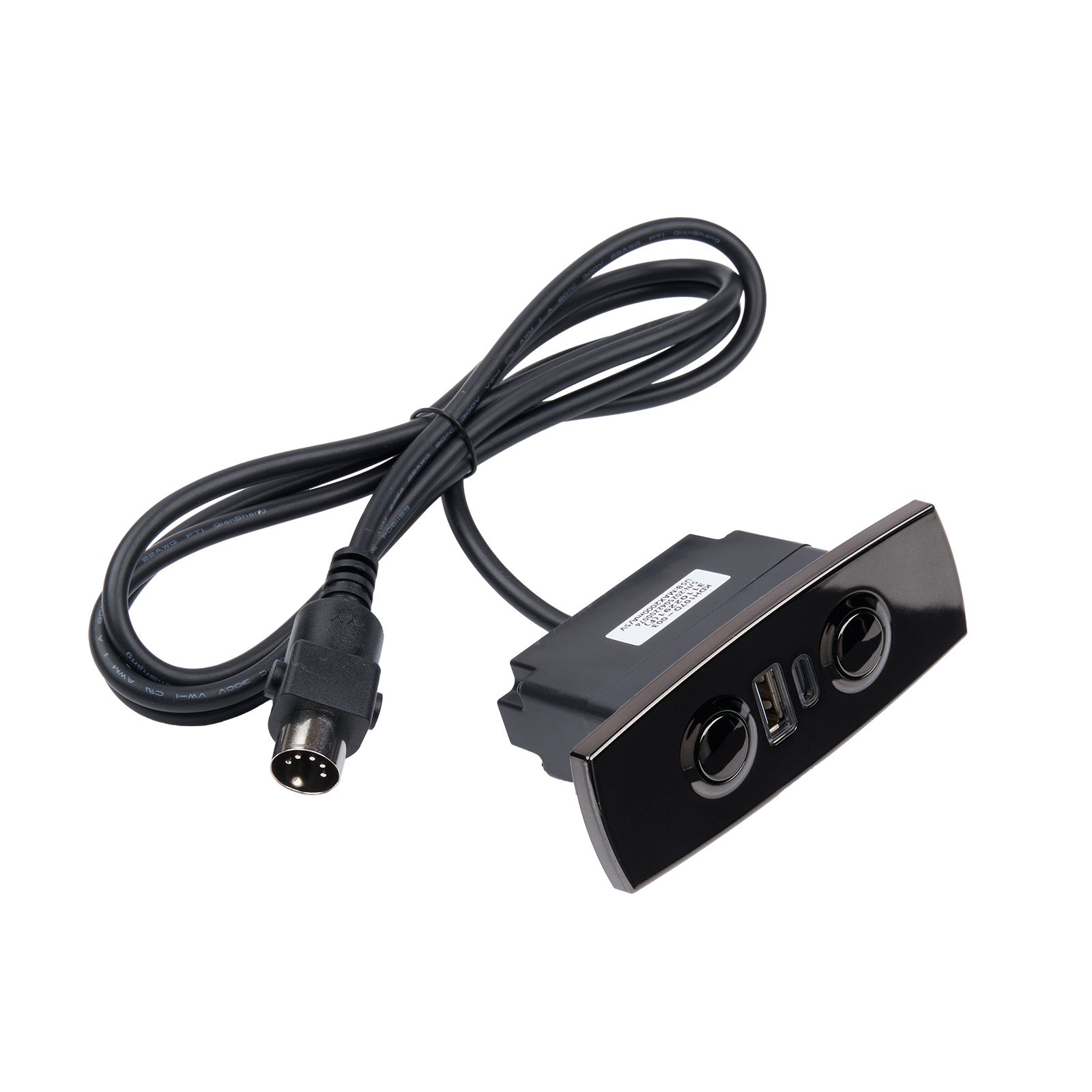Black electronic device with cable on a white background