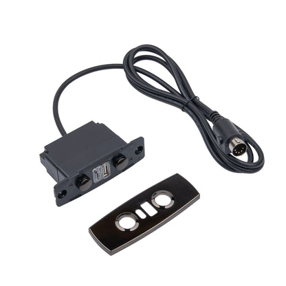 Electronic components including a black rectangular device with ports and a cable on a white background