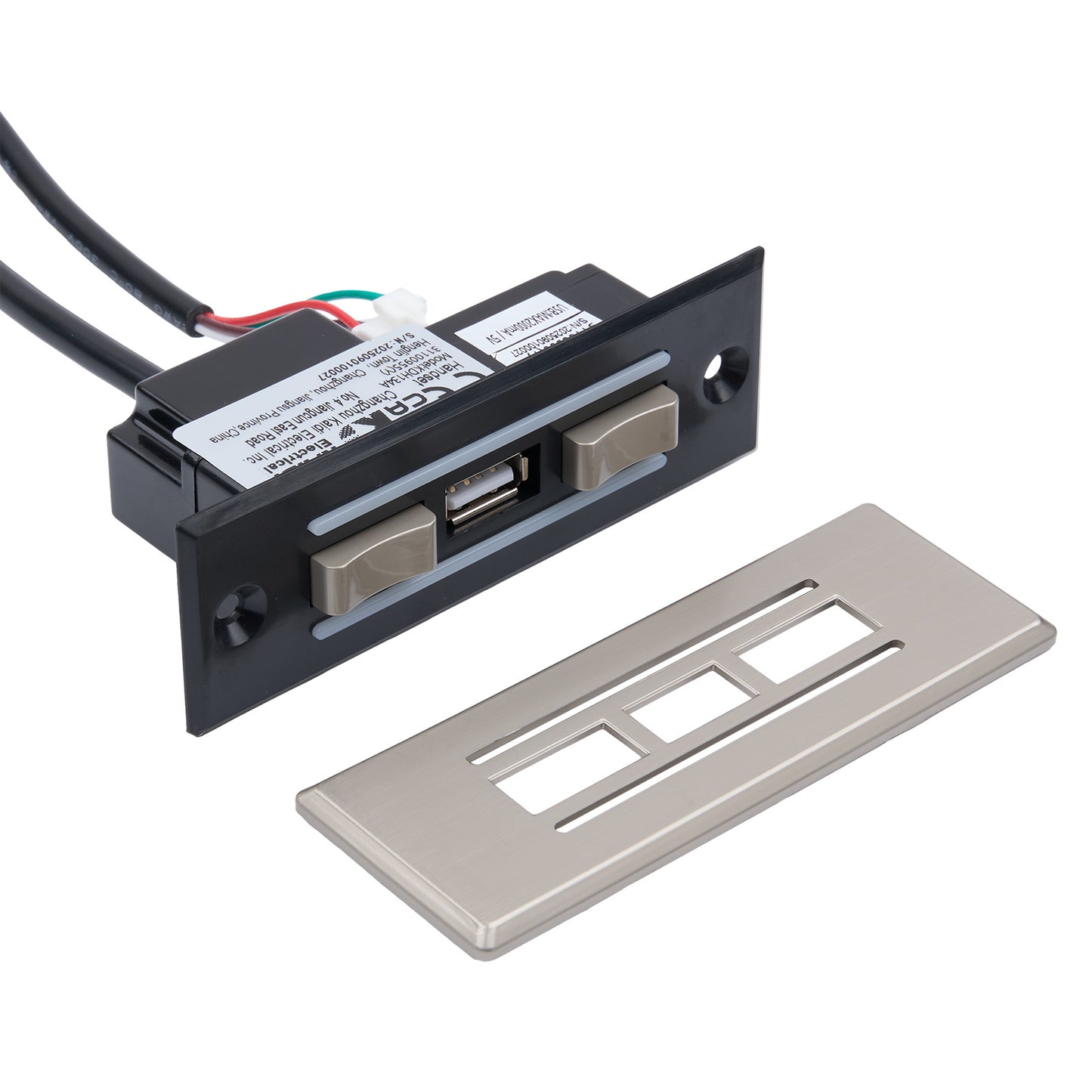 Electrical panel with wiring and cover plate on a white background