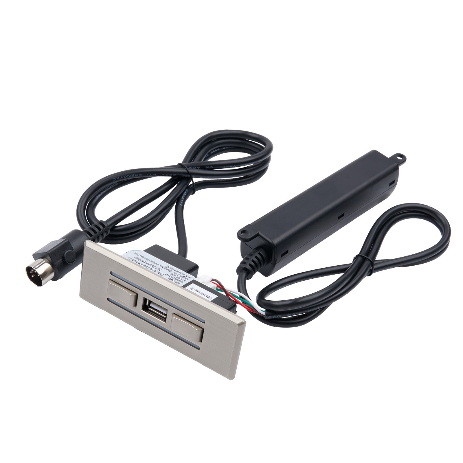 Electronic component with USB connector and black cable on a white background