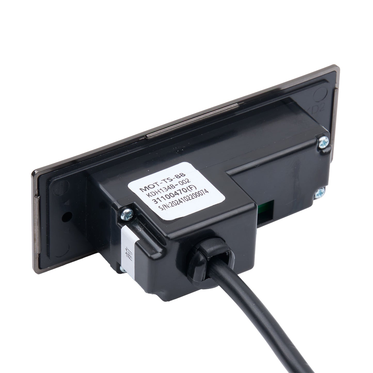 Black electronic device with a cable on a white background