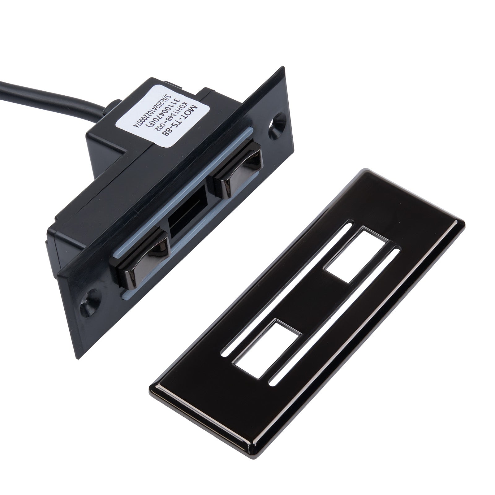 Black electronic component with a cable and a cover plate on a white background