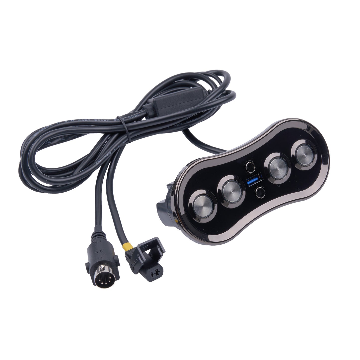 A black and silver electronic control module with four round buttons, connected to a coiled black cable with two connectors, shown on a plain white background.
