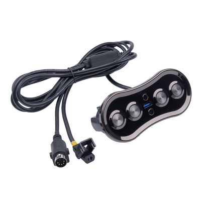 A black and silver electronic control module with four round buttons, connected to a coiled black cable with two connectors, shown on a plain white background.