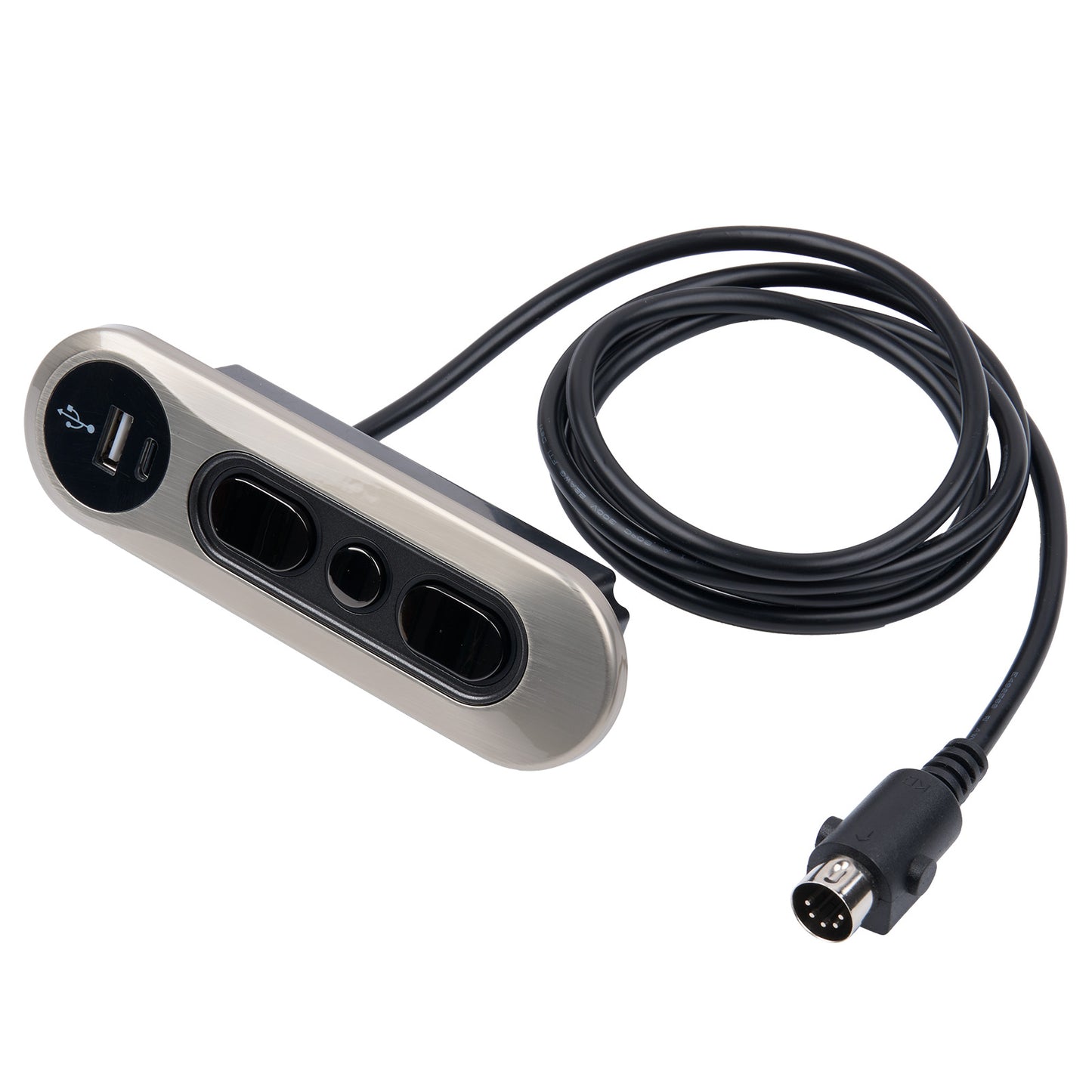 Car charger with multiple ports and a USB cable on a white background
