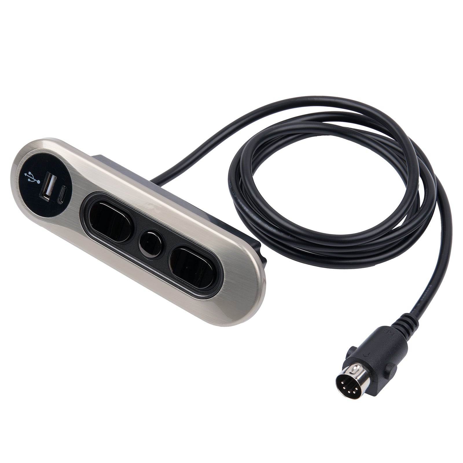 Car charger with multiple ports and a USB cable on a white background