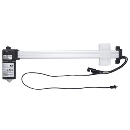 A linear electric slide rail assembly with a black motorized end, a long white rail, a white plastic guide block, and a black power cable on a plain white background.