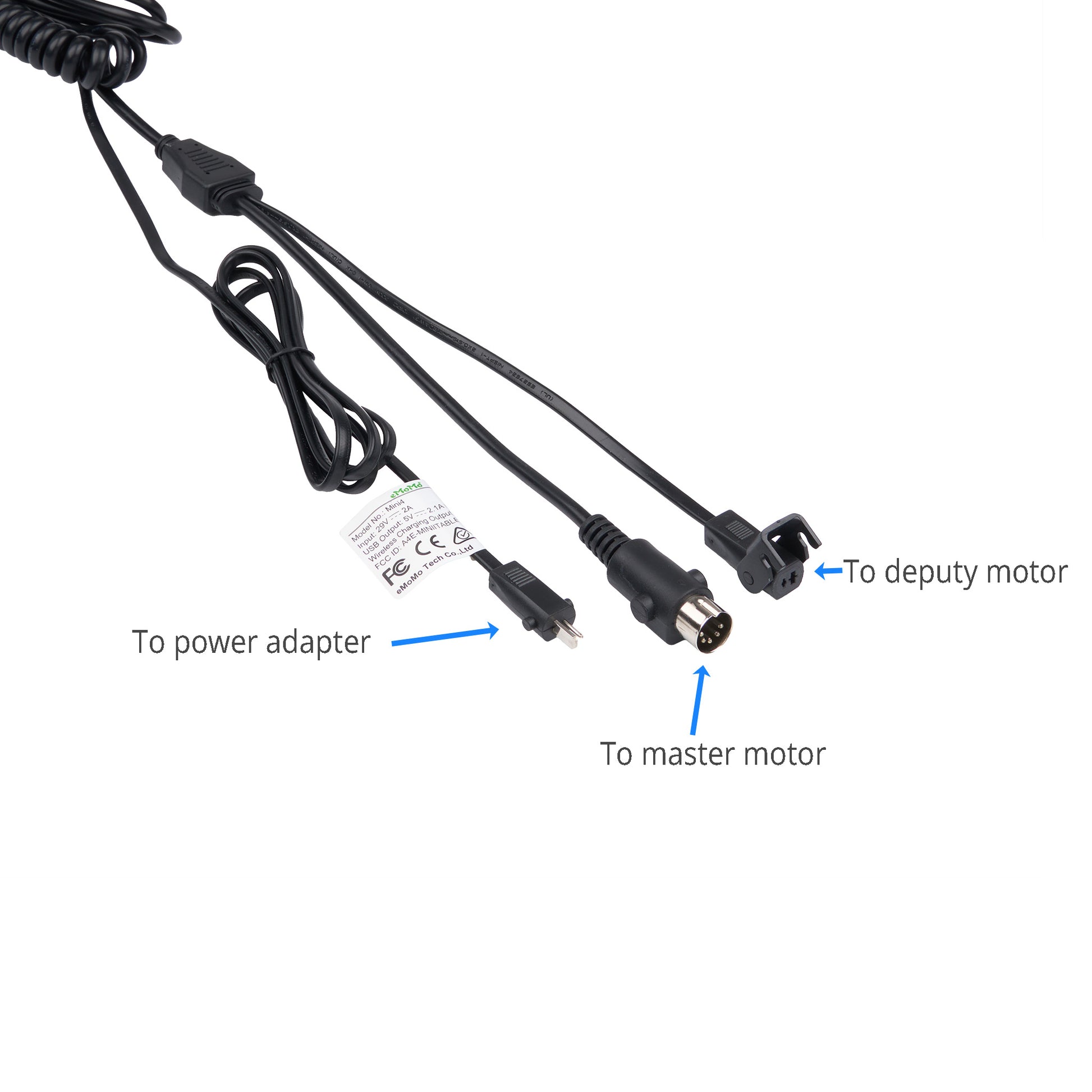 Black multi-connector cable adapter with labeled callouts pointing to power adapter, master motor, and deputy motor connections on a white background.