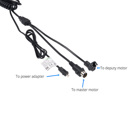 Black multi-connector cable adapter with labeled callouts pointing to power adapter, master motor, and deputy motor connections on a white background.