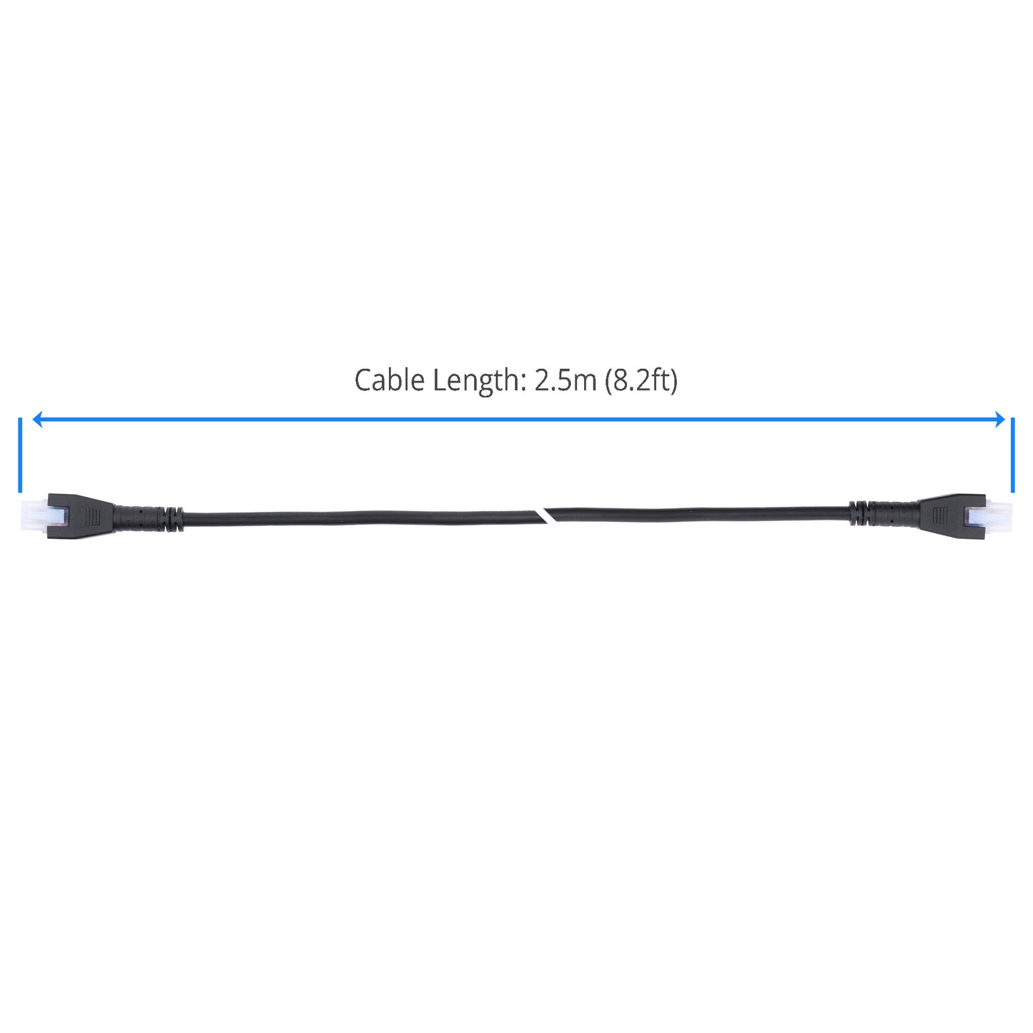 Black cable with white connectors on a white background, showing measurement details.