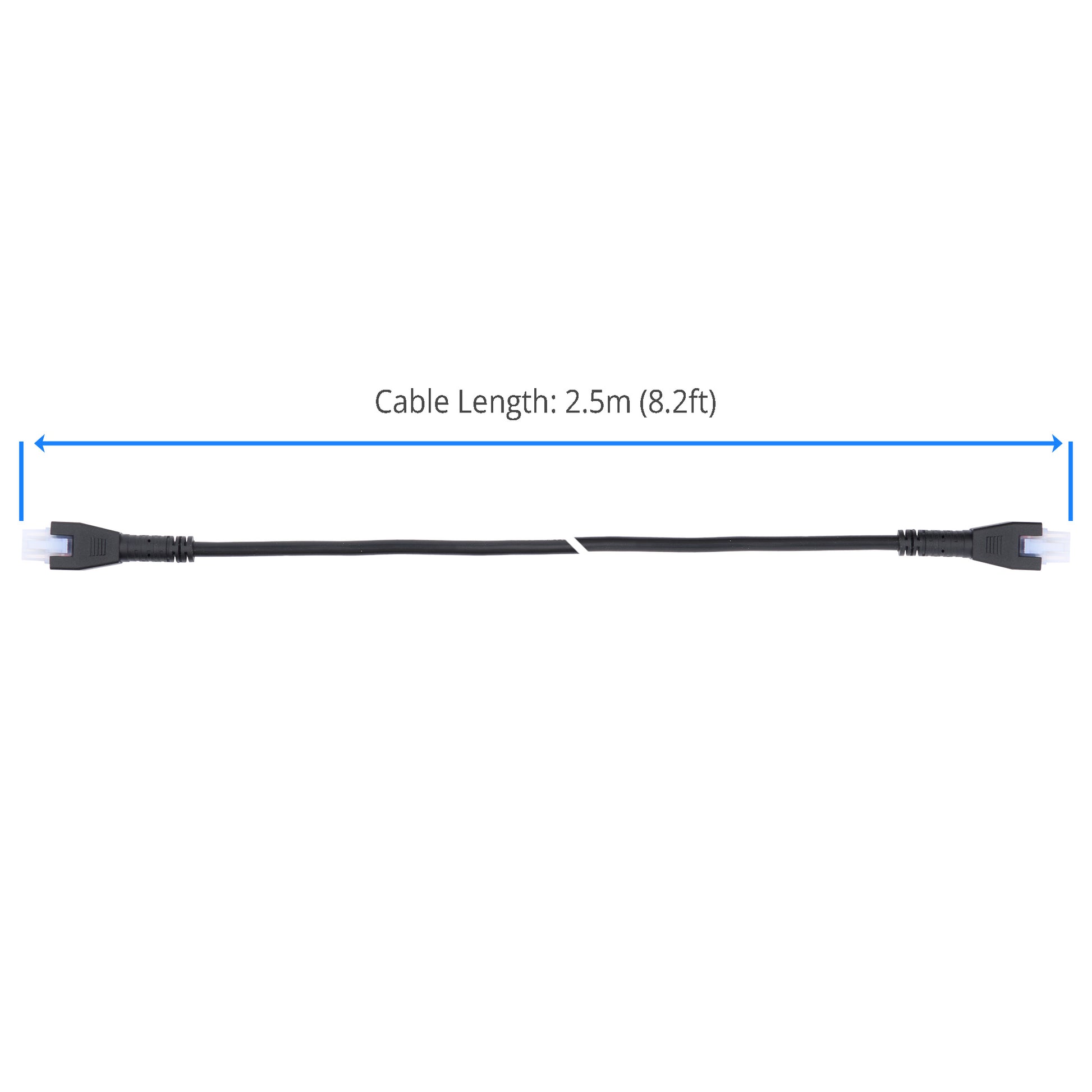 Black cable with white connectors on a white background, showing measurement details.