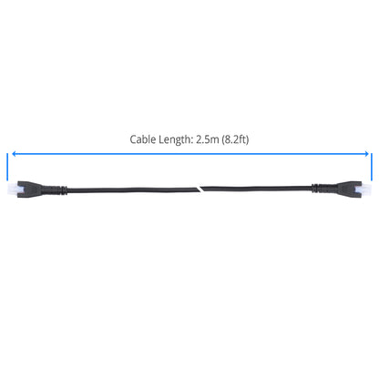 Black cable with white connectors on a white background, showing measurement details.