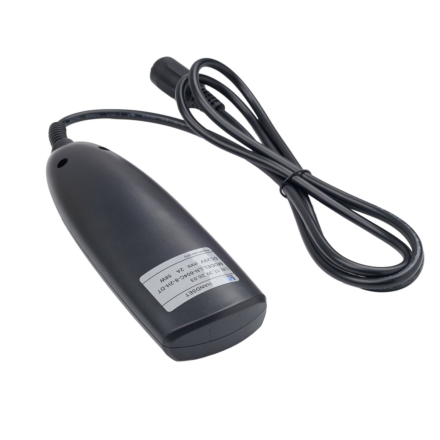 A black electronic control module with a coiled black cable, featuring a white label with technical specifications, shown on a plain white background.