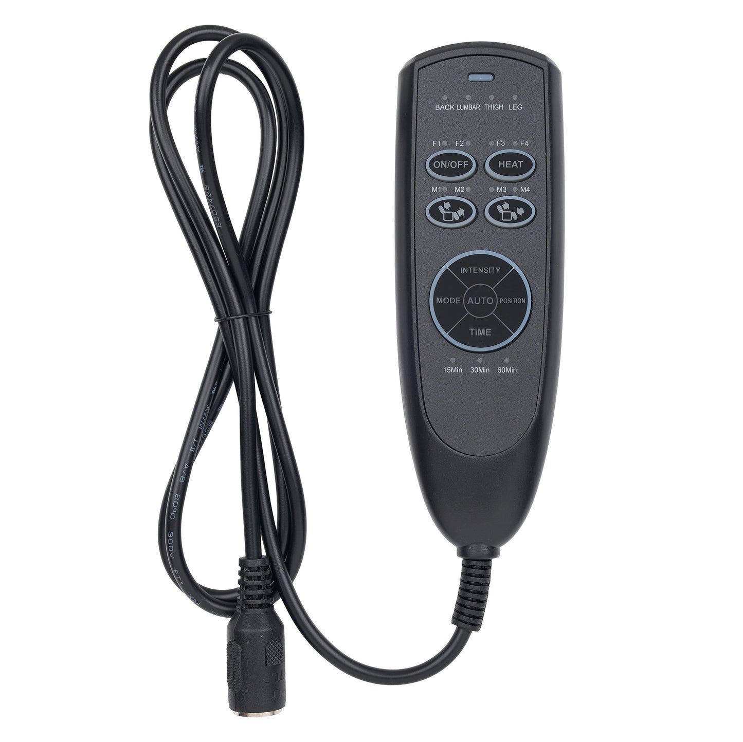Black remote control with attached power cord for an electric heating pad, featuring buttons for on/off, heat, mode, intensity, and time, shown on a white background.
