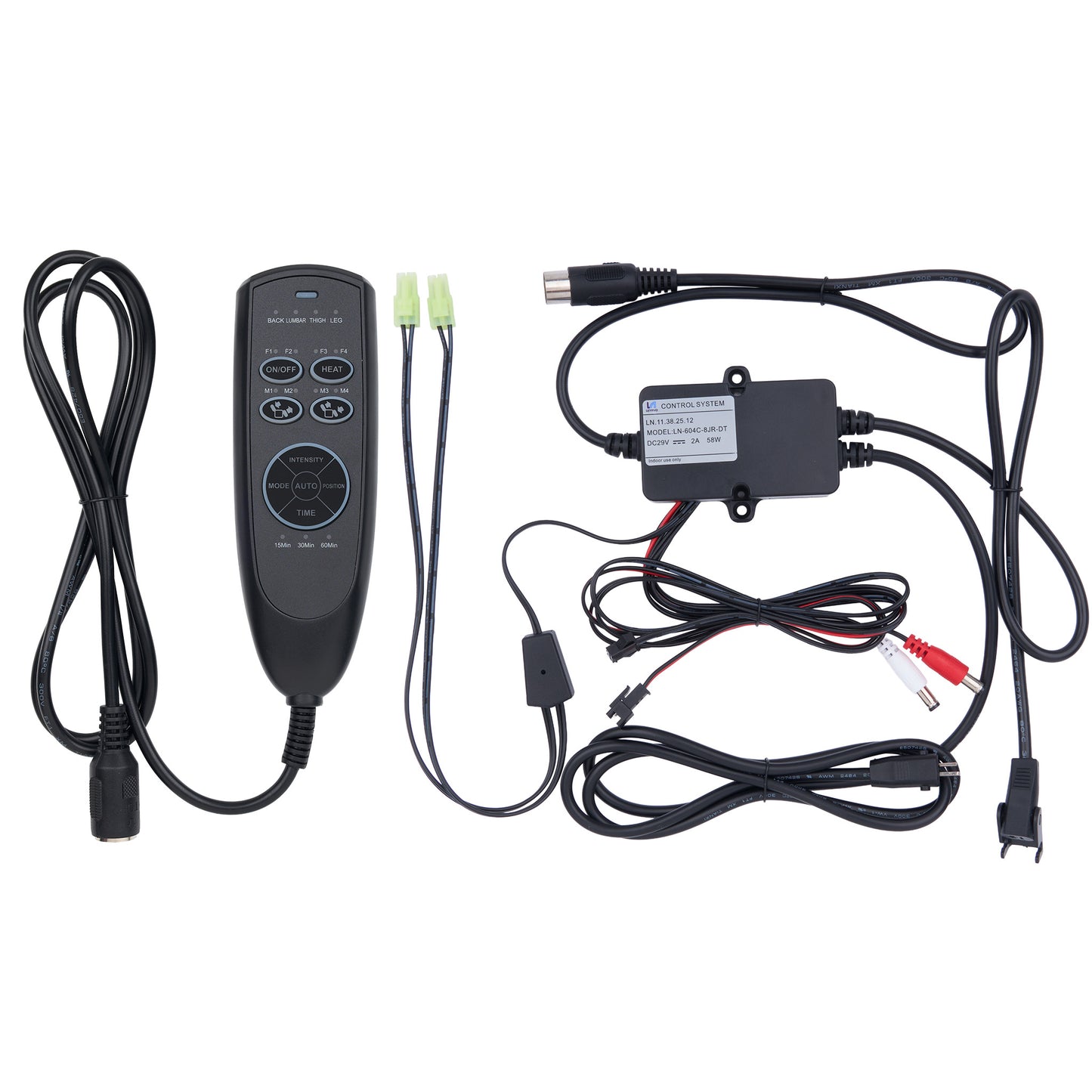 Black electronic remote control kit with a handheld remote, power adapter, and wiring harnesses on a white background.