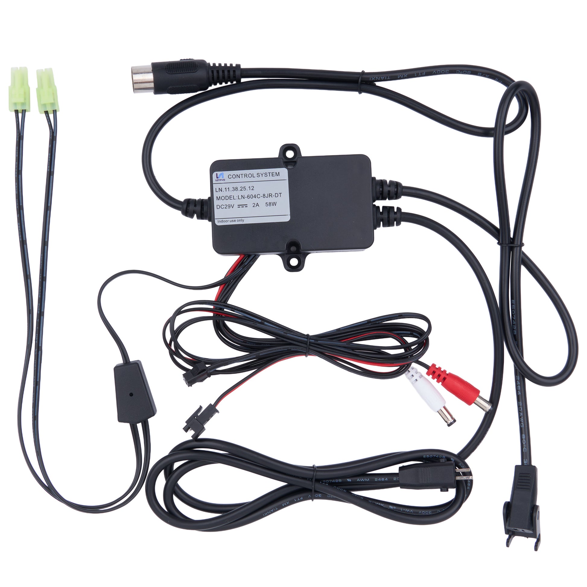 Black electronic control module with attached wiring harnesses, including two green connector wires, red and white audio-style connectors, and a small inline switch, photographed on a white background.
