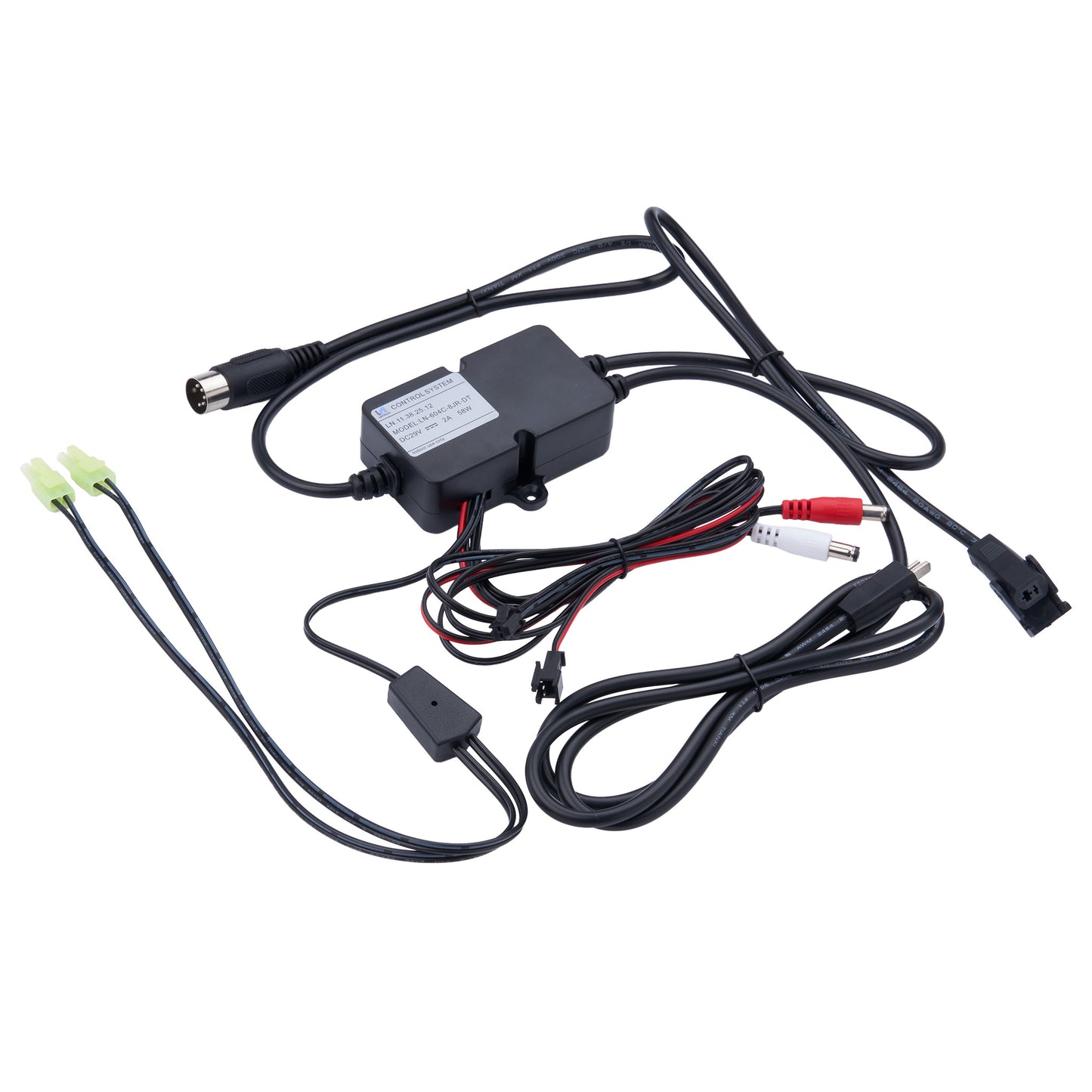 Black electronic adapter cable assembly with multiple connectors, including a two-pin green connector, a coaxial cable, red and white audio-style connectors, and a power supply box, shown on a white background.